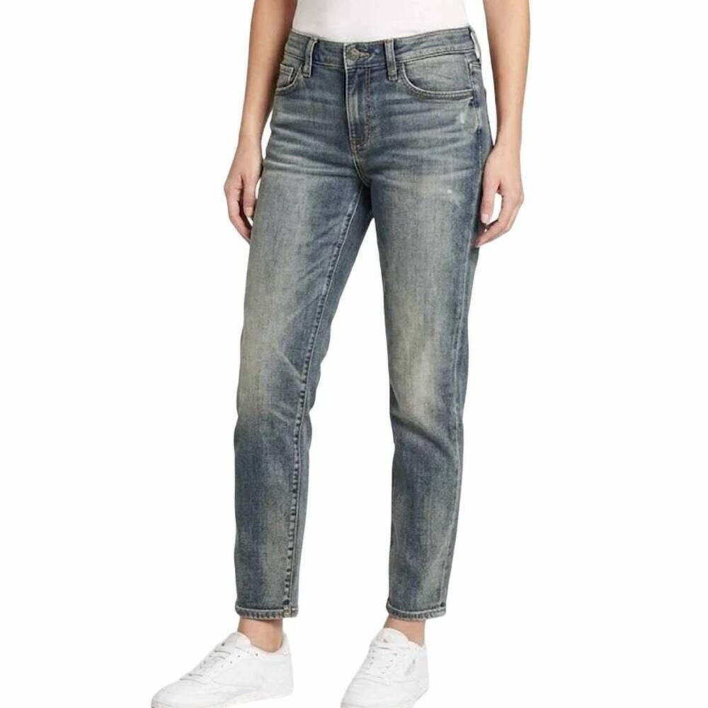NEW EDDIE BAUER women's slim boyfriend mid rise jeans in weathered indigo wash